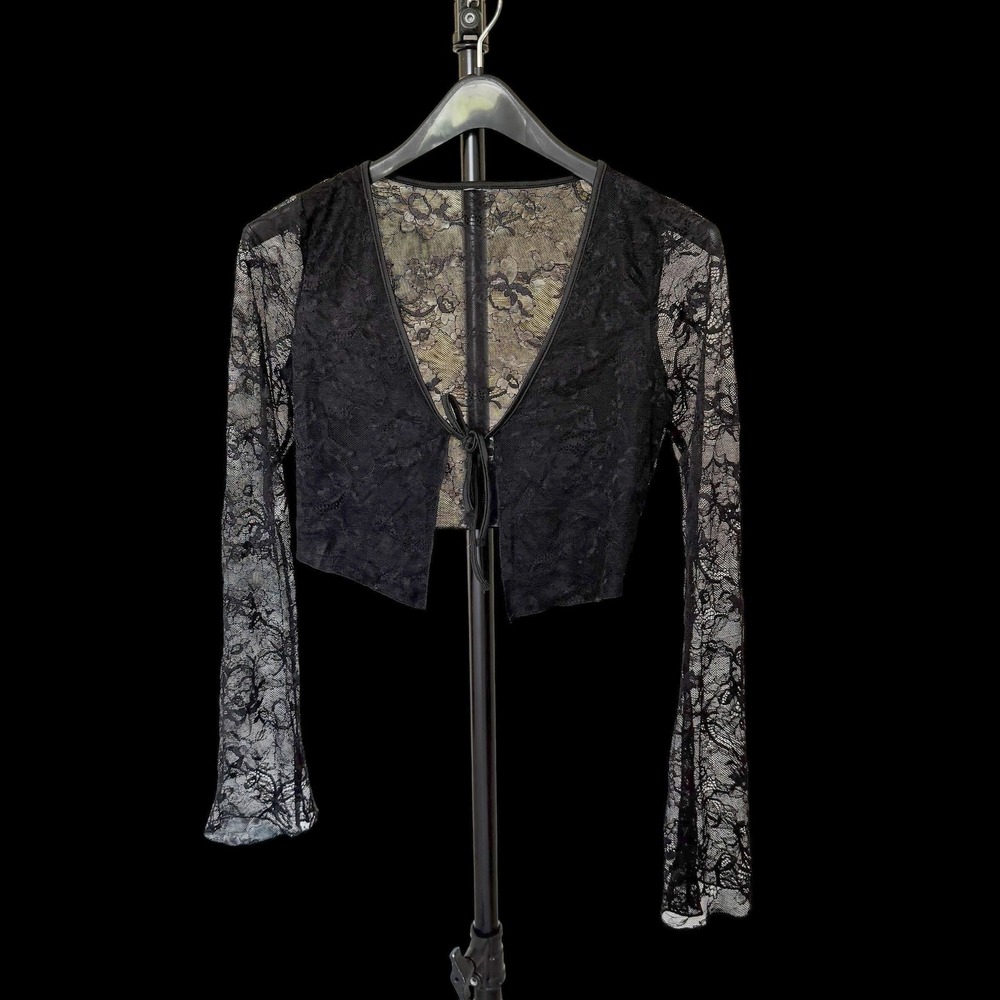Unbranded Blackā Floral Lace Cropped Shrug Tie Front Long Sleeve Top Whimsigoth